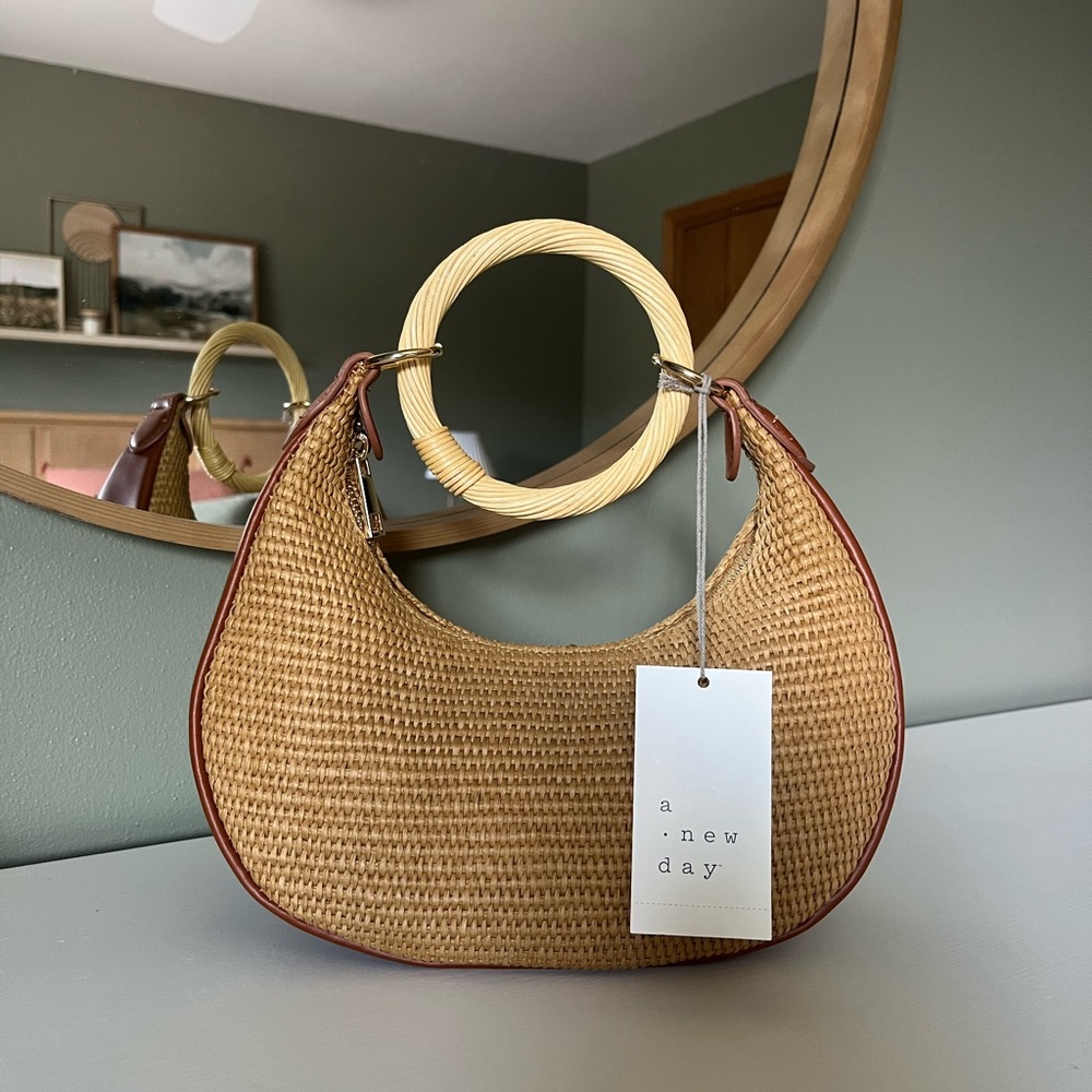 A New Day Beige Woven Shoulder Bag with Round Handle